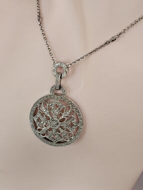 Vintage Art Deco Diamond Medallion Necklace Sterling Silver Necklace 17"